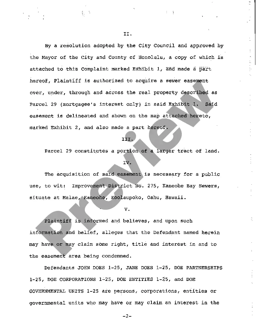 Preview A02 Complaint for Eminent Domain by City for Public Sewer Easement