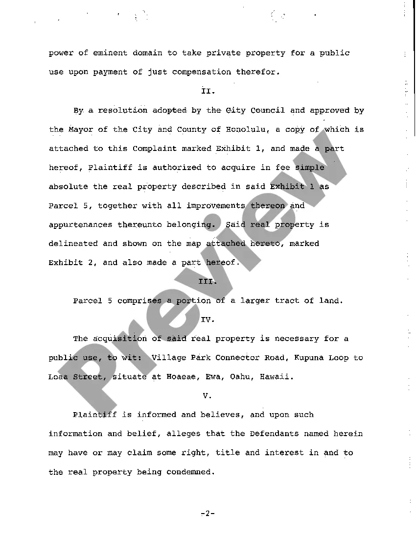 Preview A02 Complaint for Eminent Domain by City for Public Connector Road