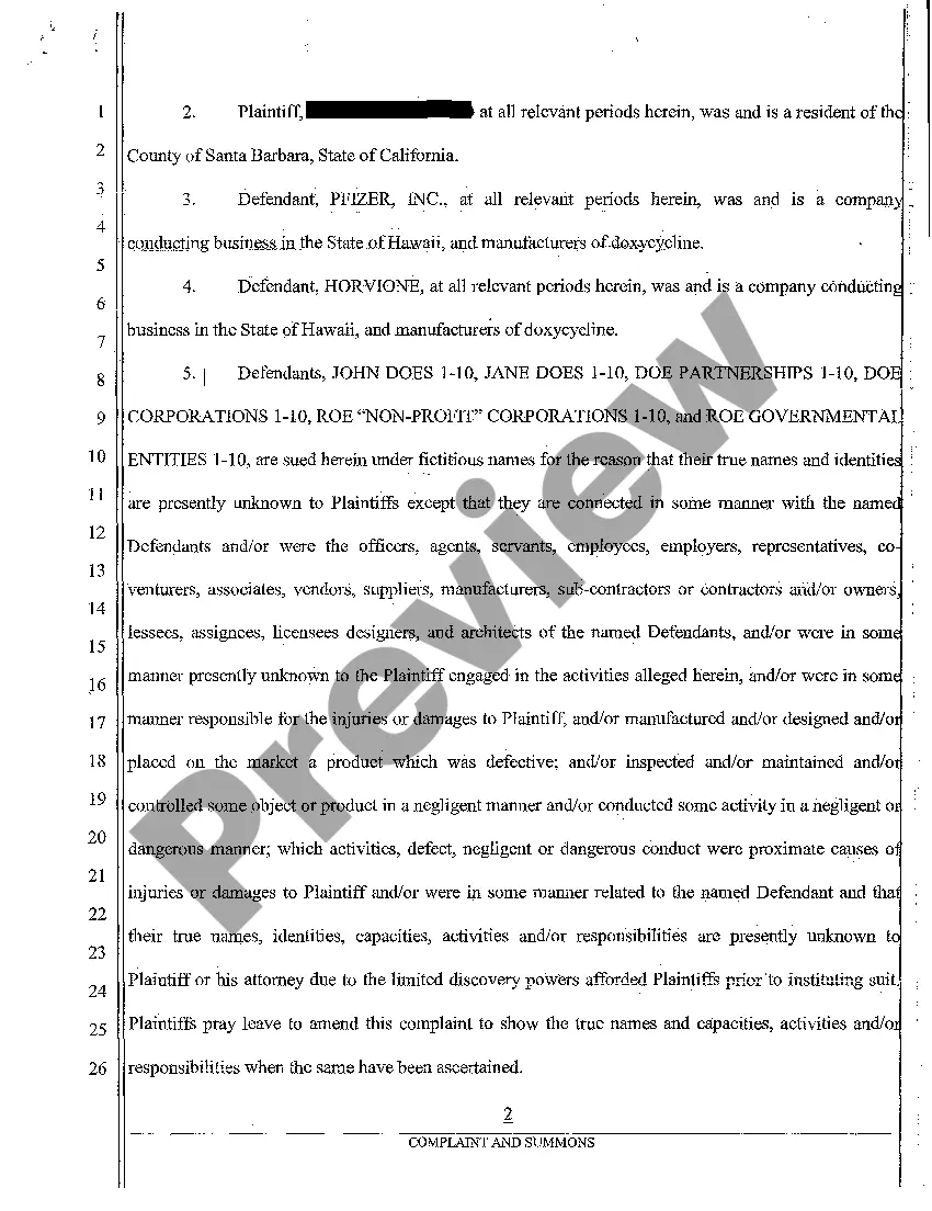 Get A01 Complaint of Products Liability Personal Injury Against Drug Manufacturers for Doxycycline Prescription Preview A01 Complaint of Products Liability Personal Injury Against Drug Manufacturers for Doxycycline Prescription