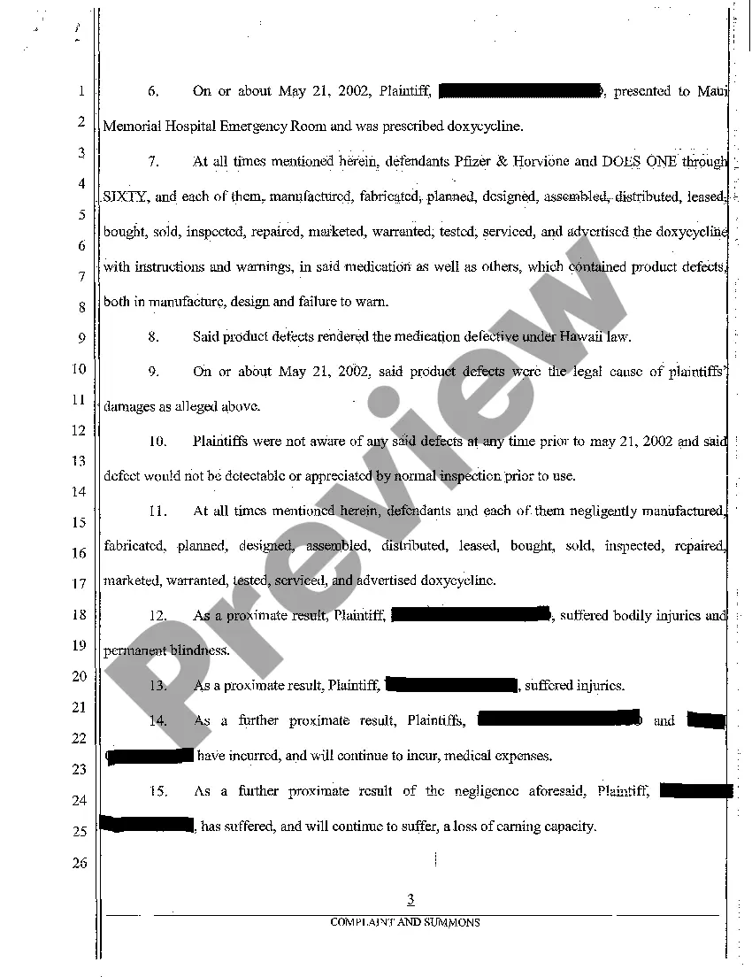 Get A01 Complaint of Products Liability Personal Injury Against Drug Manufacturers for Doxycycline Prescription Preview A01 Complaint of Products Liability Personal Injury Against Drug Manufacturers for Doxycycline Prescription
