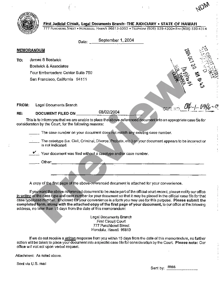 Preview A08 Memorandum Notifying Plaintiff's Attorney that Case Number was not on Complaint