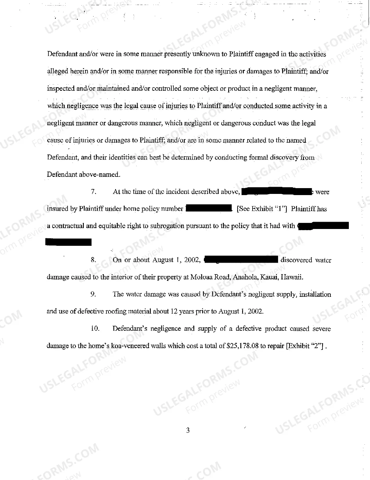 Preview A03 Complaint for Products Liability Resulting in Water Damage in Plaintiff's Home