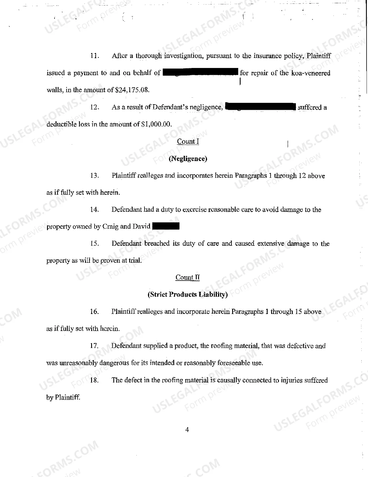 Preview A03 Complaint for Products Liability Resulting in Water Damage in Plaintiff's Home