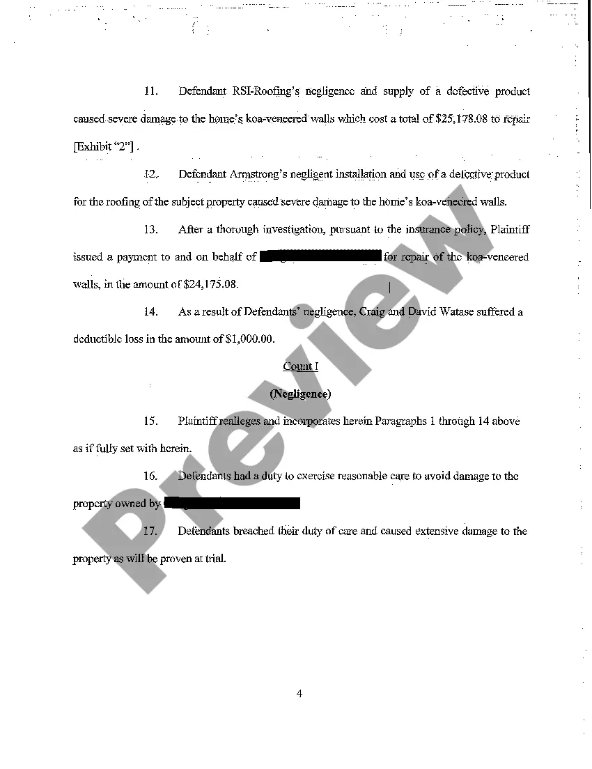 Preview A04 First Amended Complaint for Products Liability Resulting in Water Damage in Plaintiff's Home
