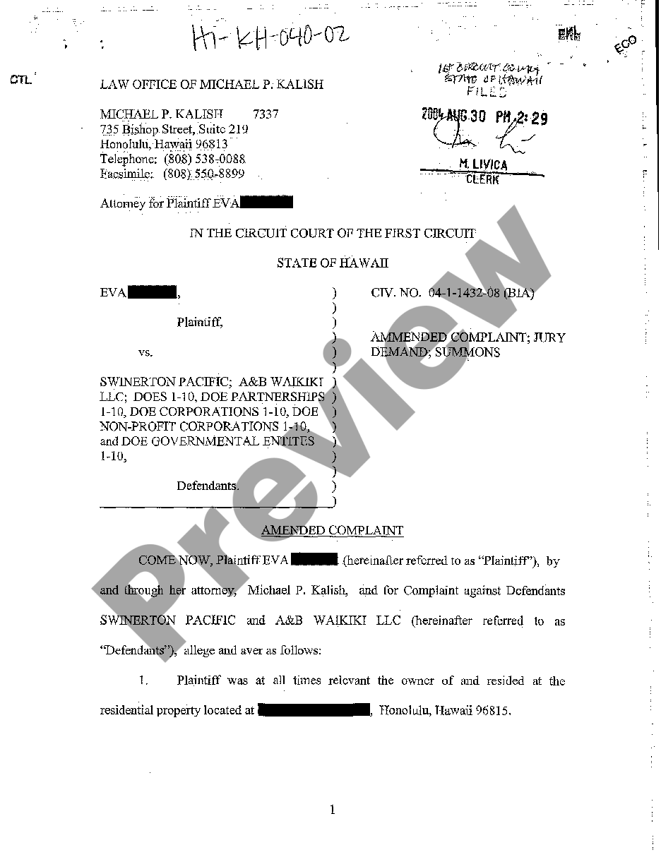 Hawaii Amended Complaint for Trespass | US Legal Forms