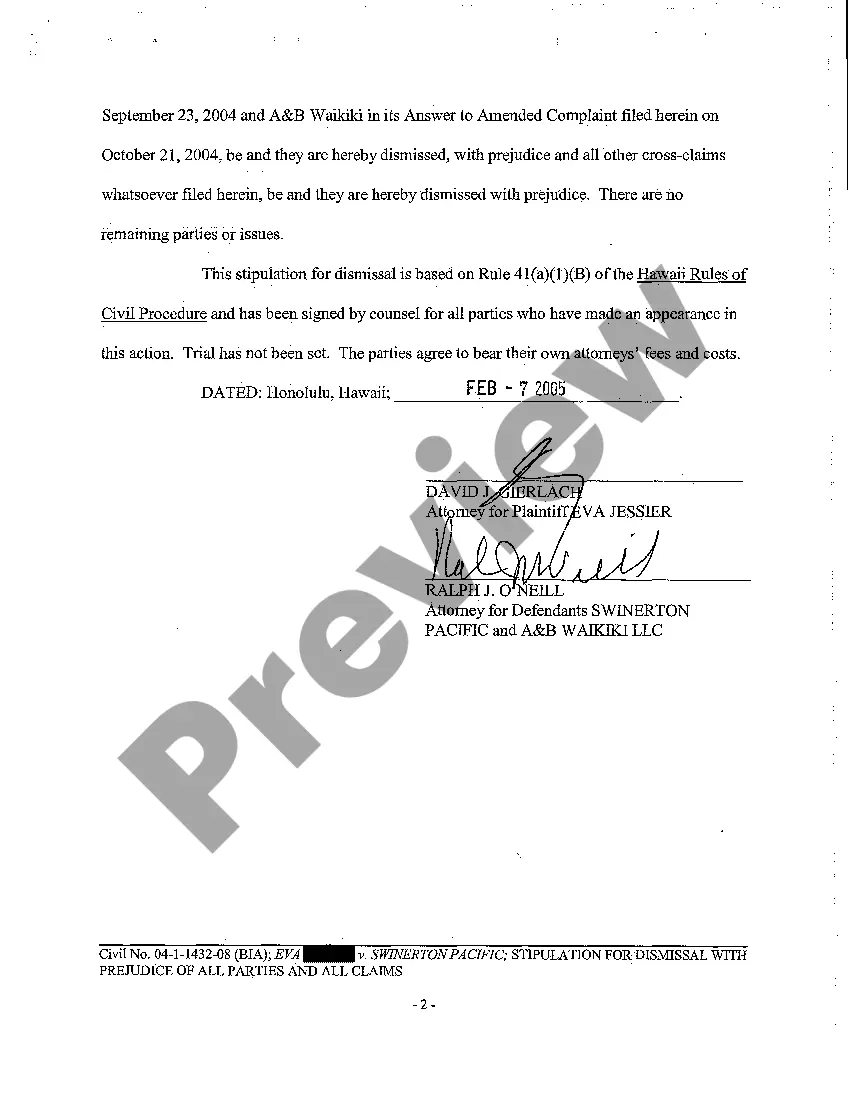 Preview A15 Stipulation for Dismissal with Prejudice of all Parties and All Claims