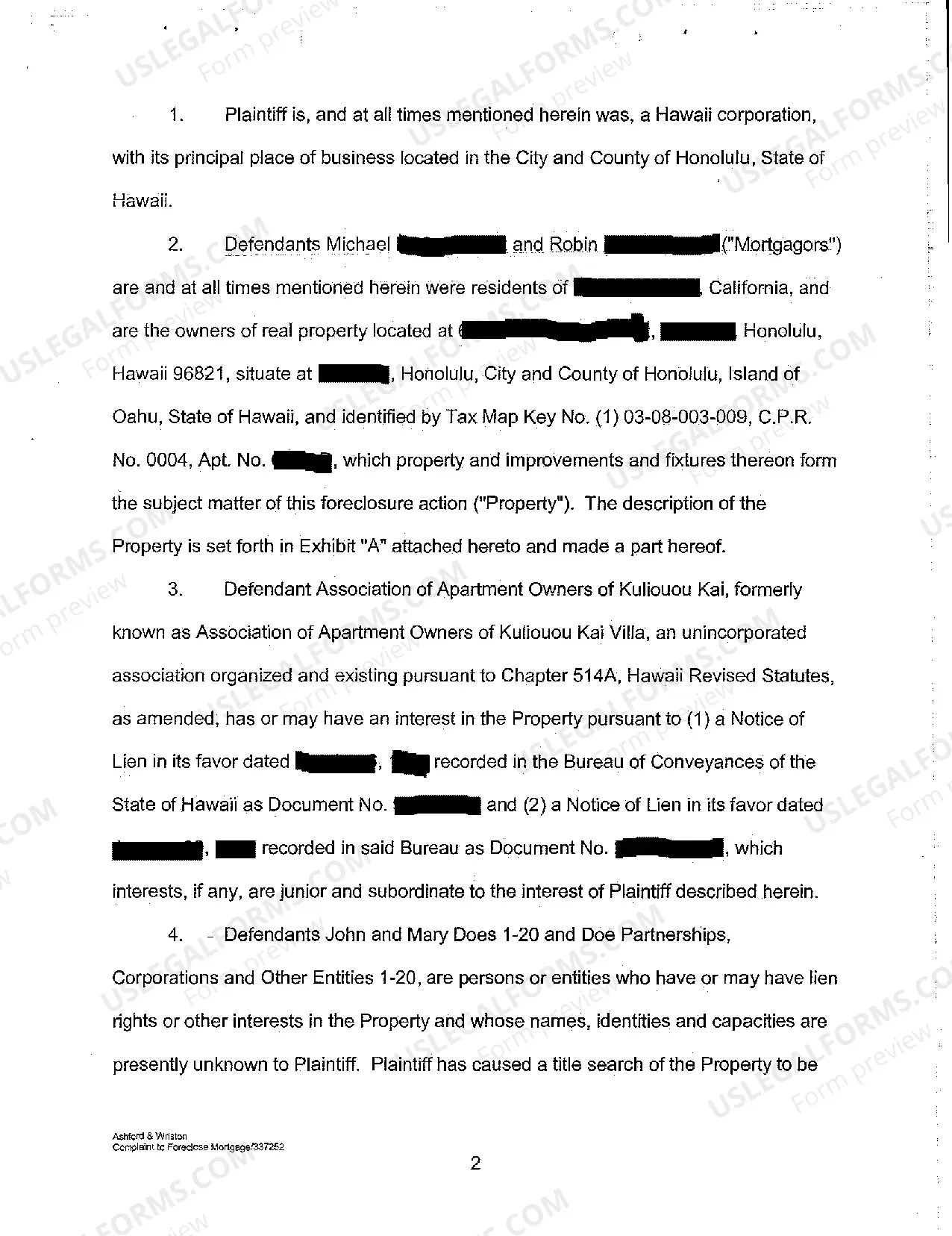 Preview A02 Complaint to Foreclose Mortgage