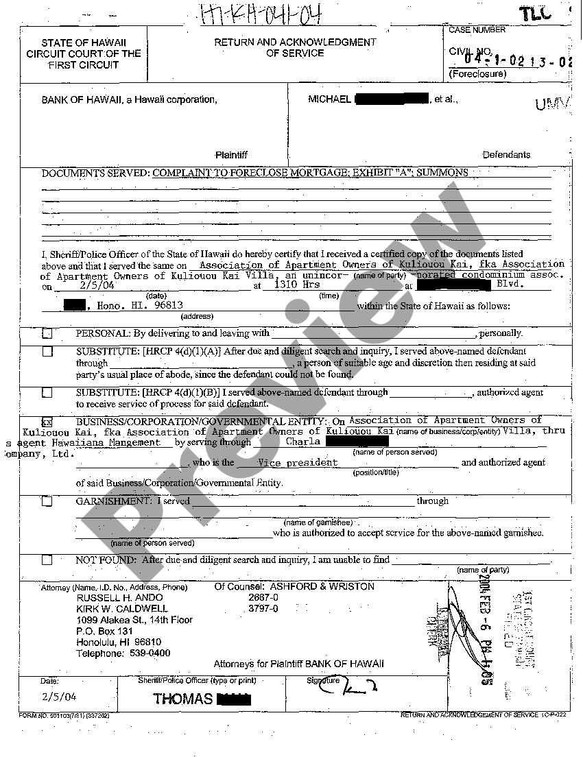 Hawaii Return and Acknowledgment of Service US Legal Forms