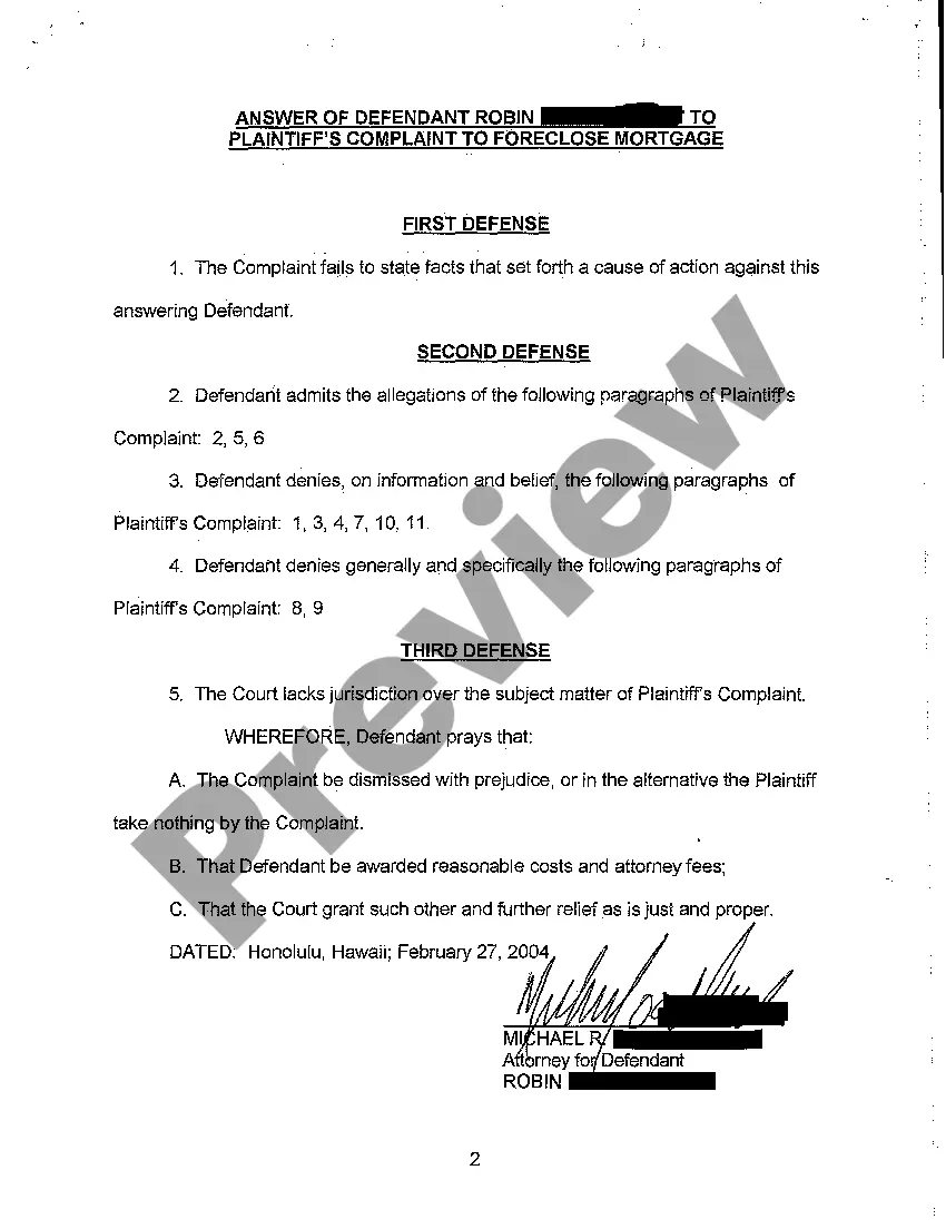 Get A05 Answer of Defendant to Plaintiff's Complaint to Foreclose Mortgage Preview A05 Answer of Defendant to Plaintiff's Complaint to Foreclose Mortgage