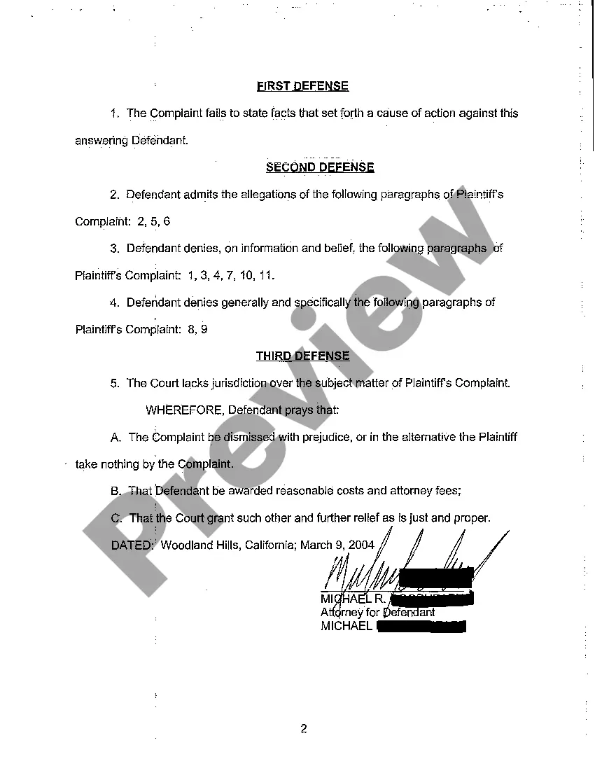 Preview A06 Answer of Defendant to Plaintiff's Complaint to Foreclose mortgage - Certificate of Service