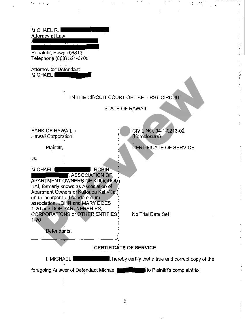 Preview A06 Answer of Defendant to Plaintiff's Complaint to Foreclose mortgage - Certificate of Service