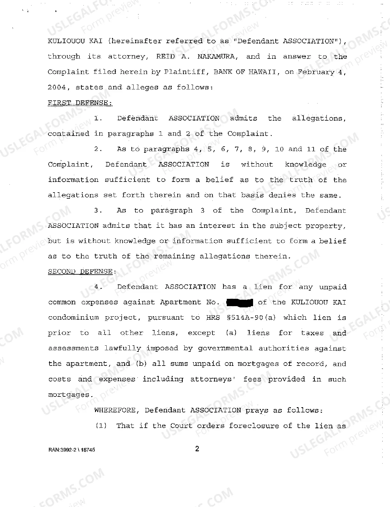 Preview A07 Defendant's Answer to Plaintiff's Complaint