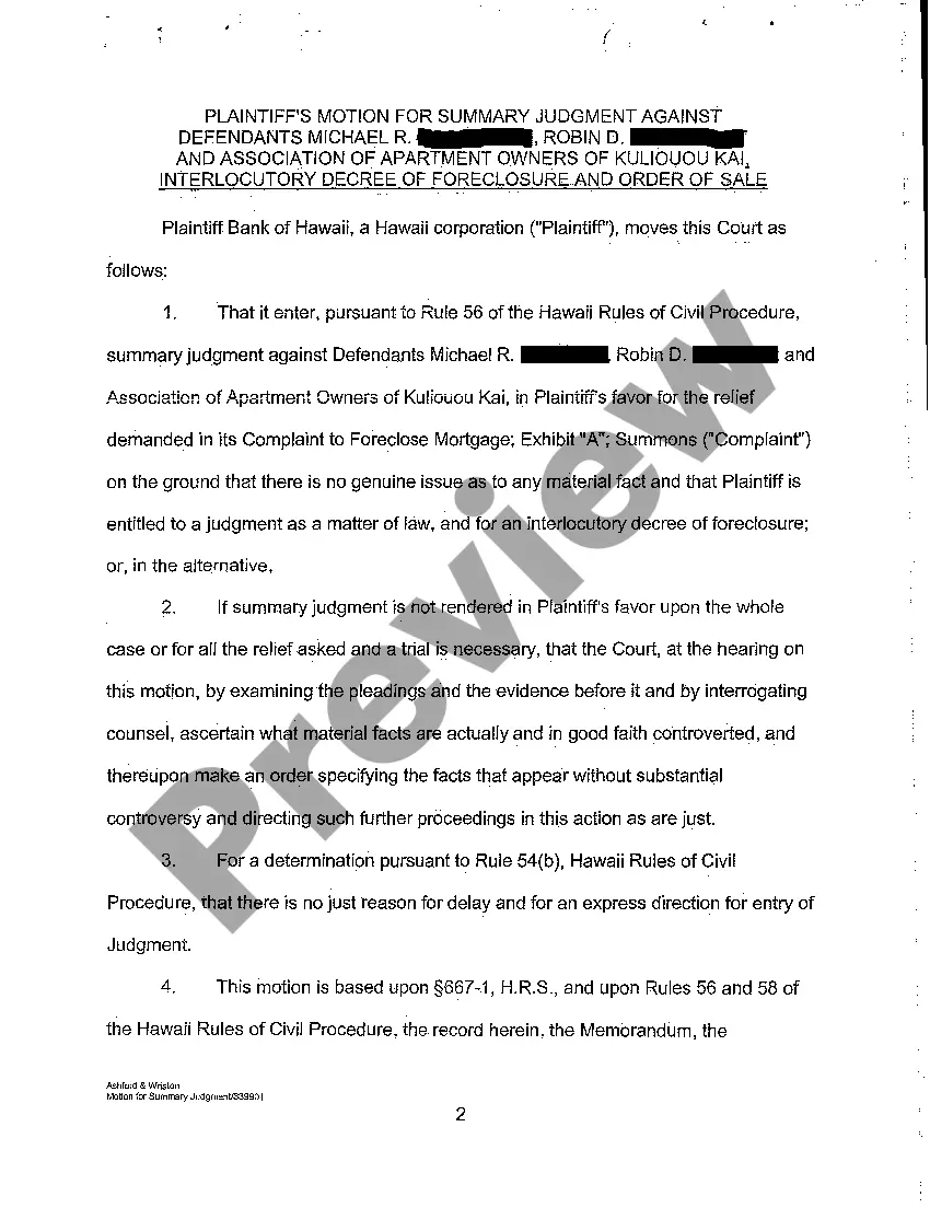 Preview A09 Plaintiff's Motion for Summary Judgment Against Defendants Decree, Interlocutory Decree of Foreclosure and Order of Sale