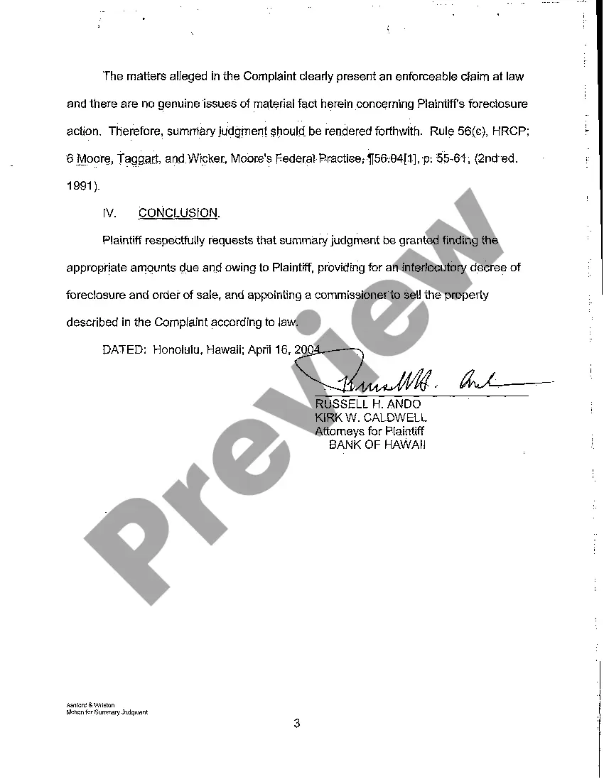 Preview A09 Plaintiff's Motion for Summary Judgment Against Defendants Decree, Interlocutory Decree of Foreclosure and Order of Sale