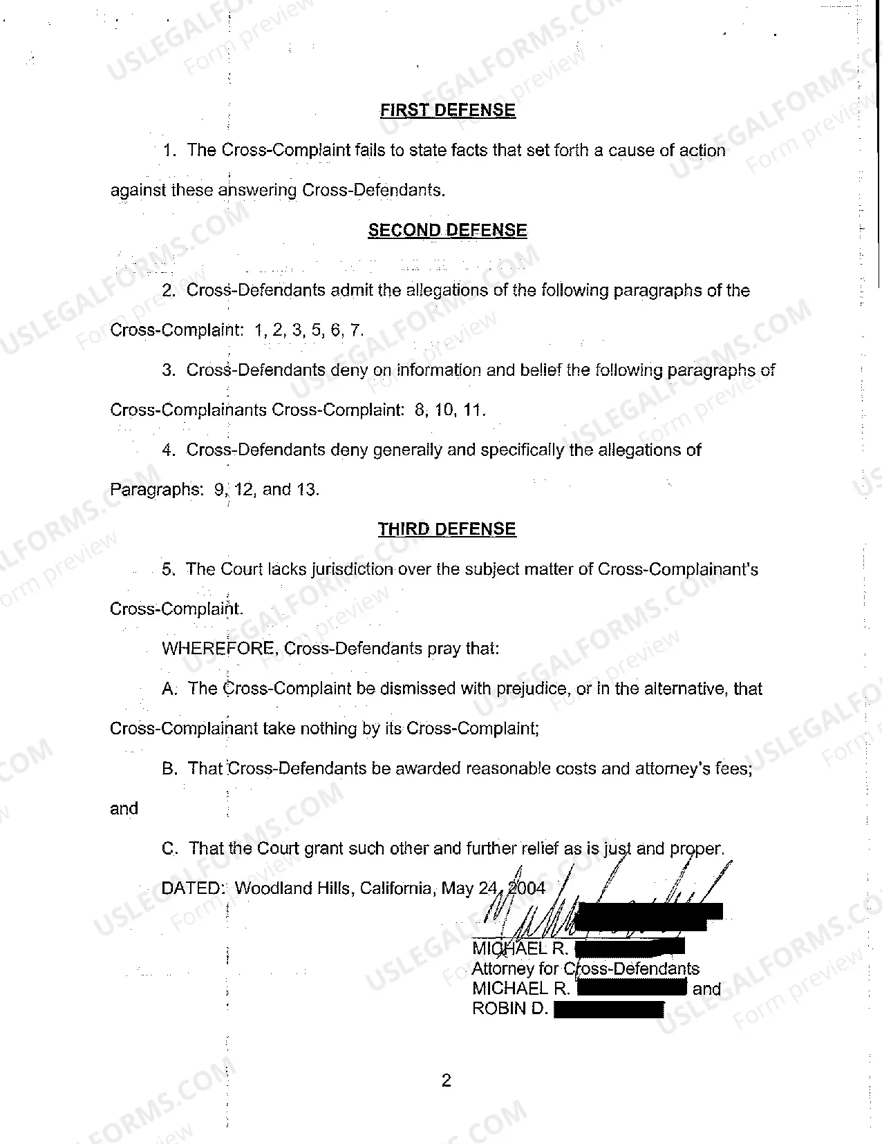 Preview A12 Answer to Defendant's Cross Claim