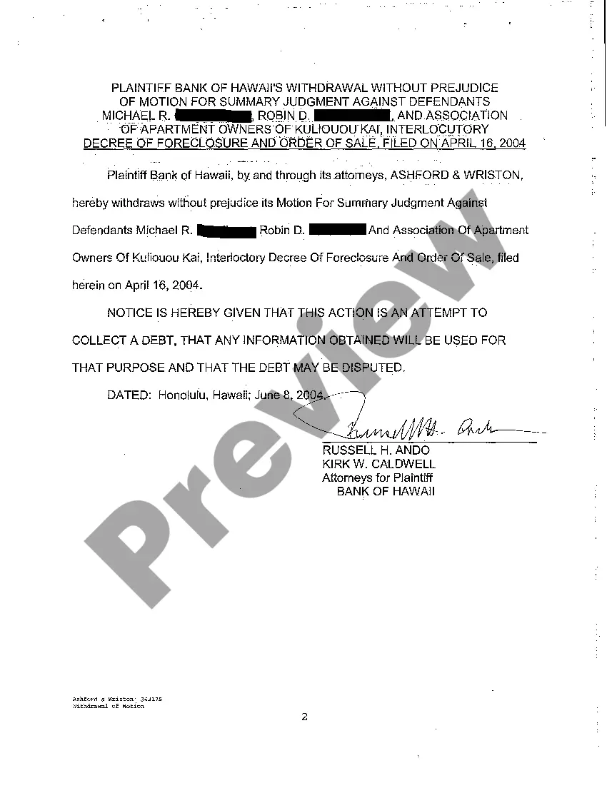 Preview A13 Plaintiff's Withdrawal Without Prejudice of Motion for Summary Judgment, Interlocutory Decree of Foreclosure and Order of Sale