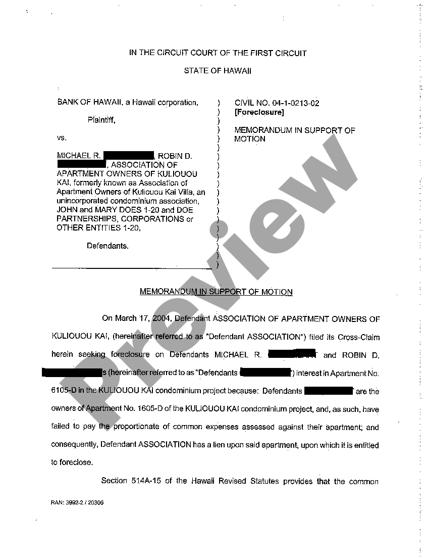 Hawaii Defendant's Motion for Summary Judgment and for Interlocutory