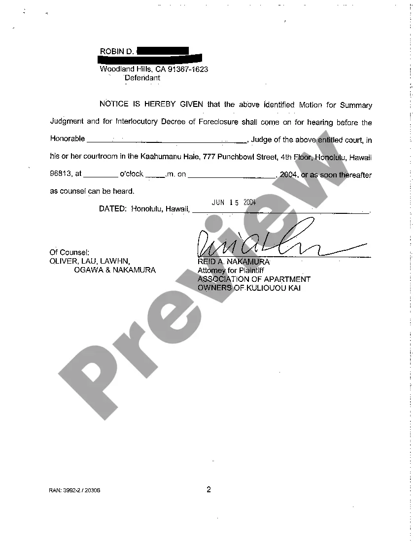 Preview A14 Defendant's Motion for Summary Judgment and for Interlocutory Decree of Foreclosure Against Defendant