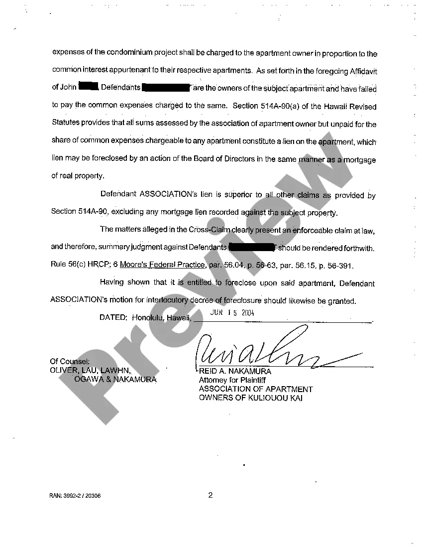 Preview A14 Defendant's Motion for Summary Judgment and for Interlocutory Decree of Foreclosure Against Defendant