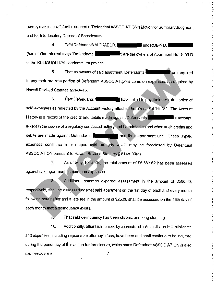 Preview A14 Defendant's Motion for Summary Judgment and for Interlocutory Decree of Foreclosure Against Defendant