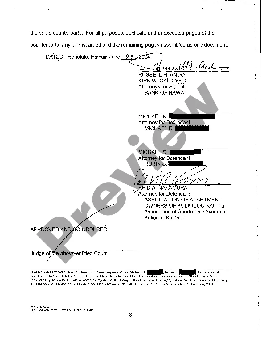 Preview A15 Plaintiff's Stipulation for Dismissal without Prejudice of the Complaint to Foreclose Mortgage