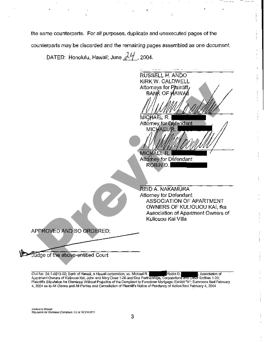 Preview A15 Plaintiff's Stipulation for Dismissal without Prejudice of the Complaint to Foreclose Mortgage
