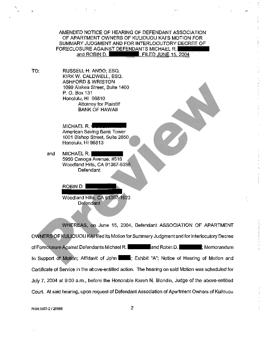 Preview A16 Amended Notice of Hearing of Defendant's Motion for Summary Judgment and for Interlocutory Decree of Foreclosure Against Defendants