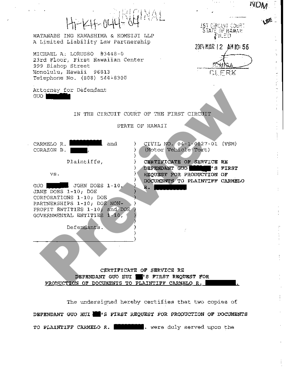 Hawaii Certificate of Service Re Defendant's First Request for ...