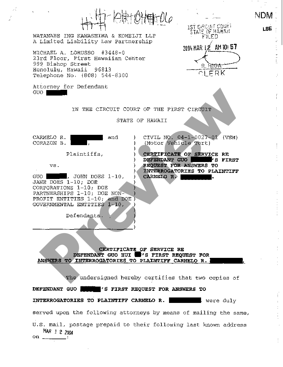 Hawaii Certificate of Service Re Defendant's First Request for Answers ...