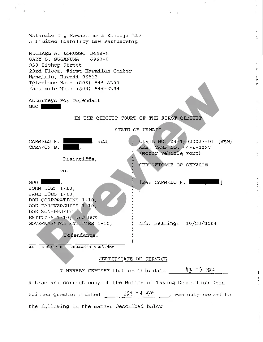 Preview A09 Notice of Taking Deposition Upon Written Questions, Questions, and Certificate of Service