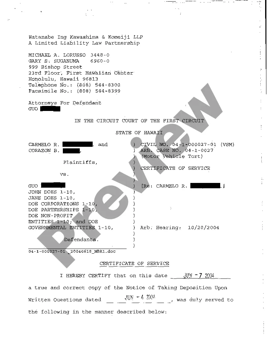 Preview A10 Notice of Taking Deposition Upon Written Questions, Questions and Certificate of Service