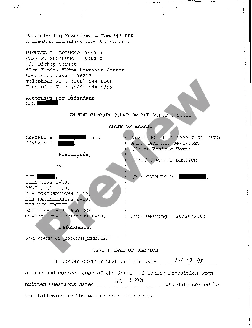 Preview A11 Notice of Taking Deposition Upon Written Questions, Questions and Certificate of Service