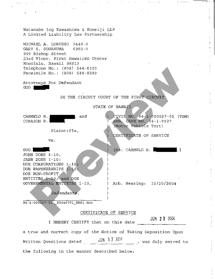 Preview A12 Notice of Taking Deposition Upon Written Questions, Questions and Certificate of Service