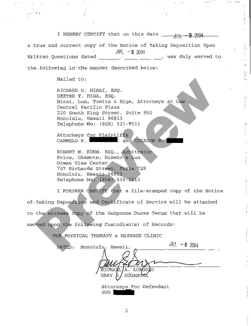 Preview A13 Notice of Taking Deposition Upon Written Questions, Questions and Certificate of Service