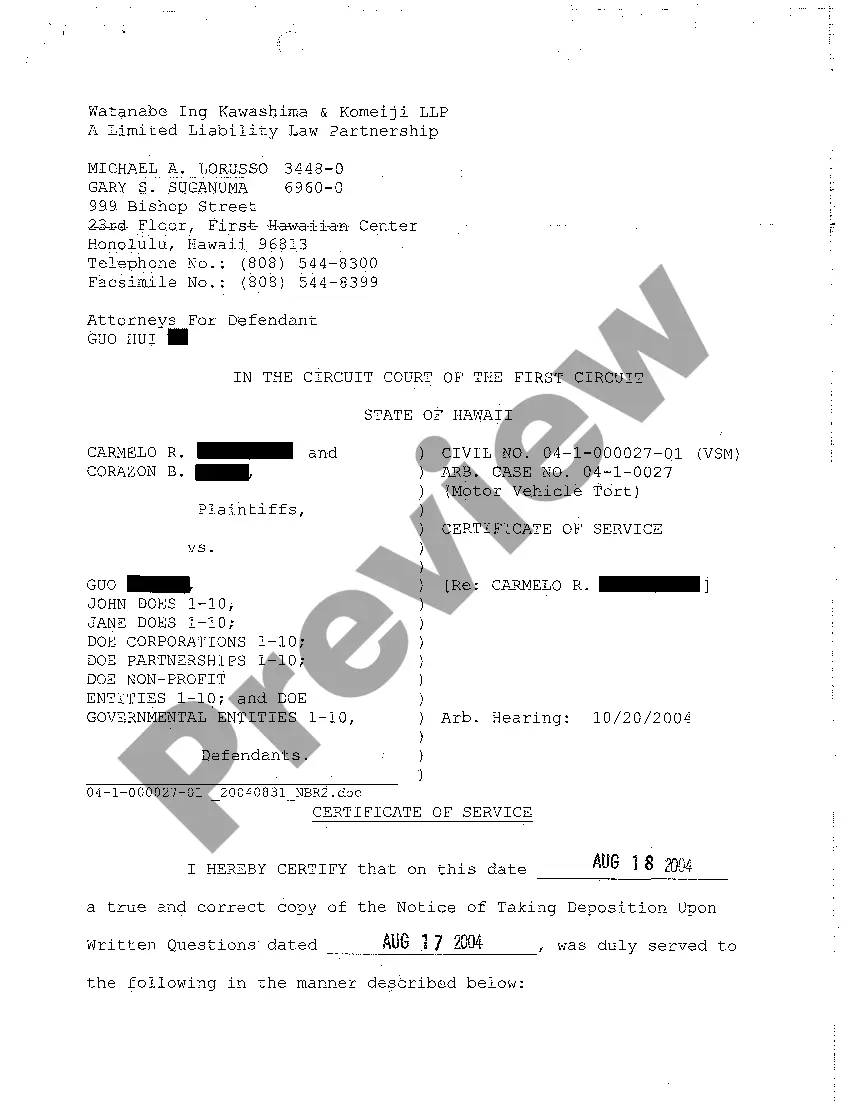 Get A15 Notice of Taking Deposition Upon Written Questions, Questions and Certificate of Service Preview A15 Notice of Taking Deposition Upon Written Questions, Questions and Certificate of Service