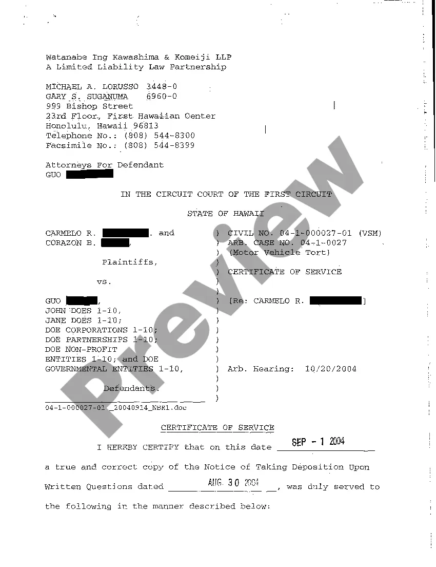 Preview A16 Notice of Taking Deposition Upon Written Questions, Questions and Certificate of Service