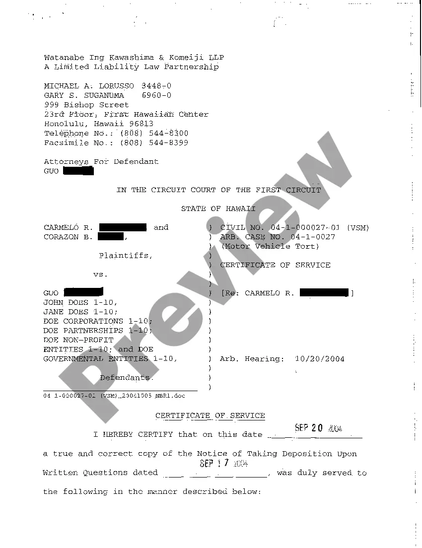 Preview A17 Notice of Taking Deposition Upon Written Questions, Questions and Certificate of Service