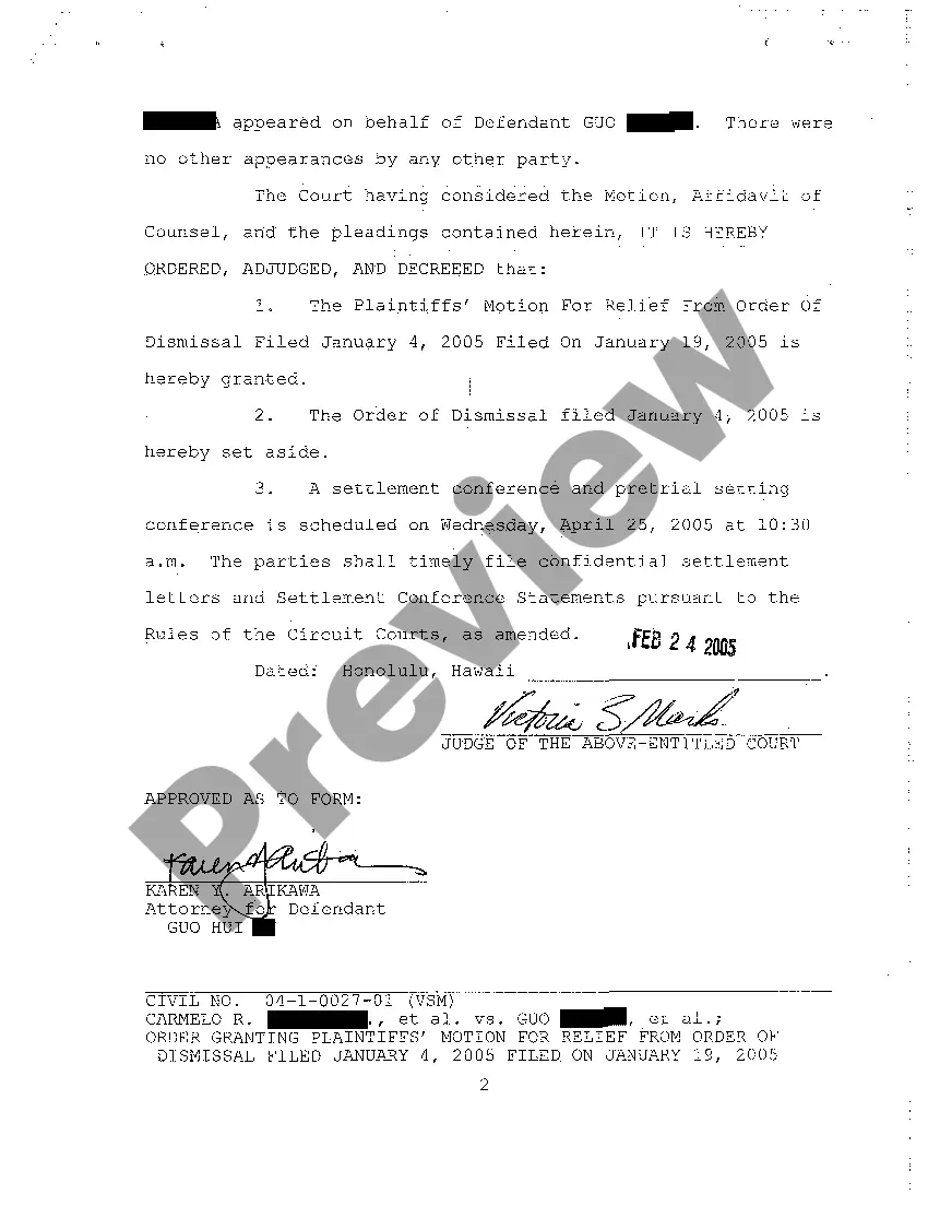 Get A24 Order Granting Plaintiff's Motion for Relief from Order of Dismissal Preview A24 Order Granting Plaintiff's Motion for Relief from Order of Dismissal