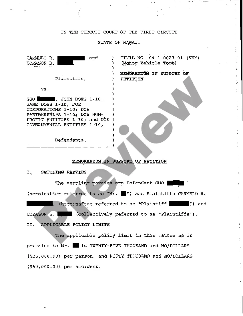 Preview A26 Defendant's Petition for Approval of Settlement