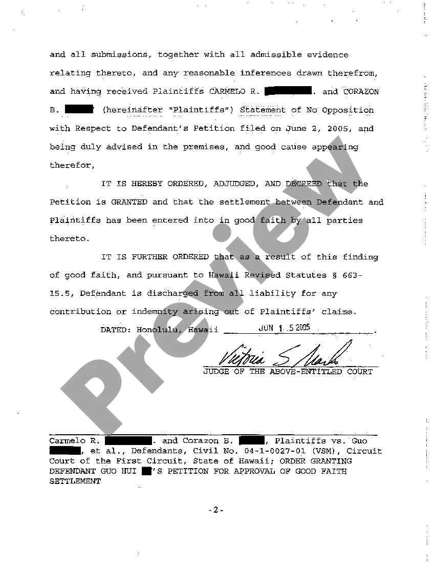 Preview A29 Order Granting Defendant's Petition for Approval of Settlement