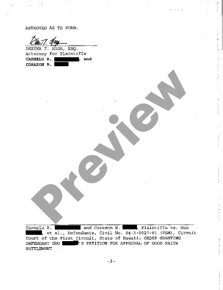 Preview A29 Order Granting Defendant's Petition for Approval of Settlement