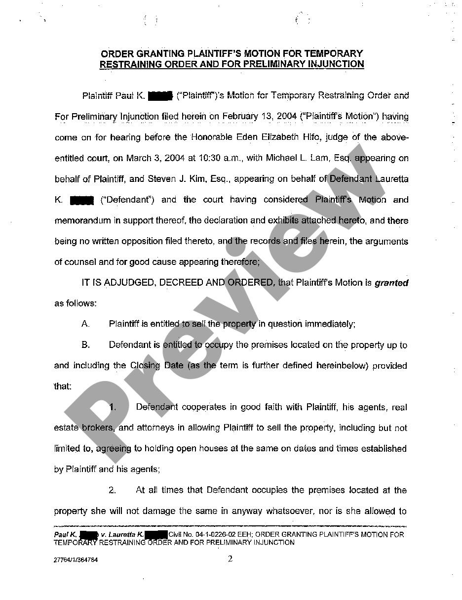 Hawaii Order Granting Plaintiffs Motion For Temporary Restraining Order And For Preliminary 4711