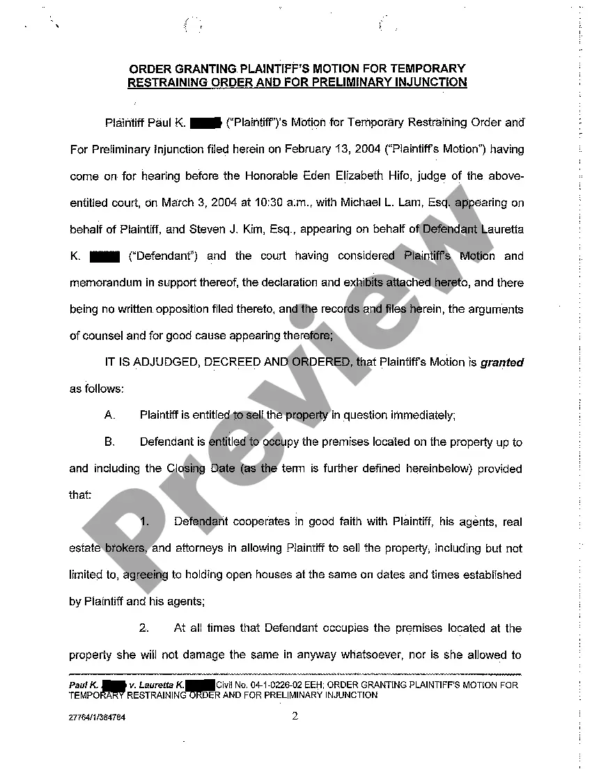 Preview A05 Order Granting Plaintiff's Motion for Temporary Restraining Order and for Preliminary Injunction
