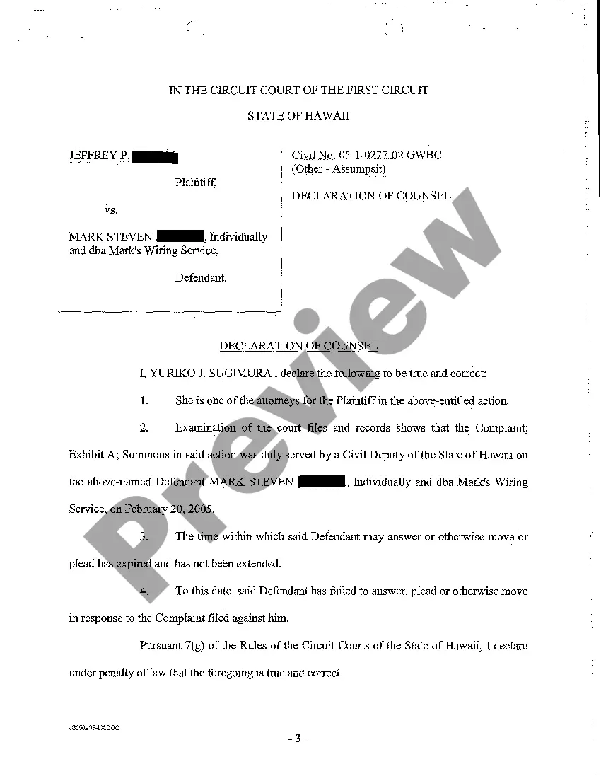 Preview A05 Request to Clerk to Enter Default - Declaration of Counsel - Entry of Default