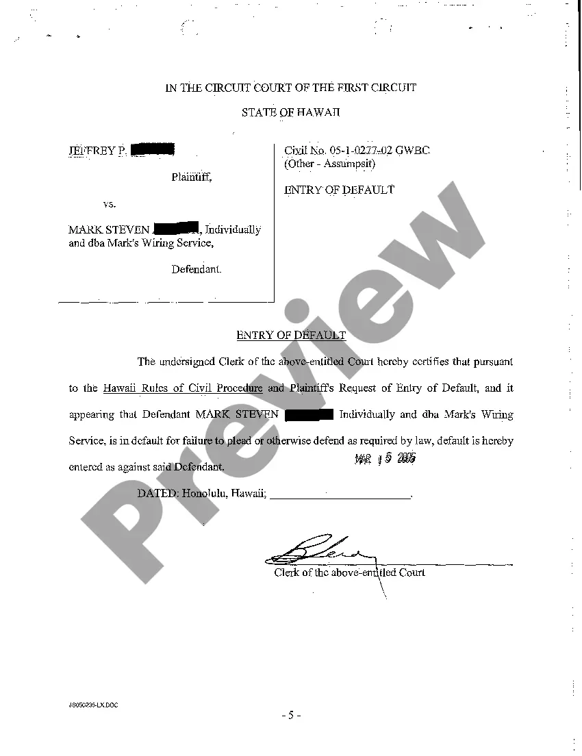 Preview A05 Request to Clerk to Enter Default - Declaration of Counsel - Entry of Default
