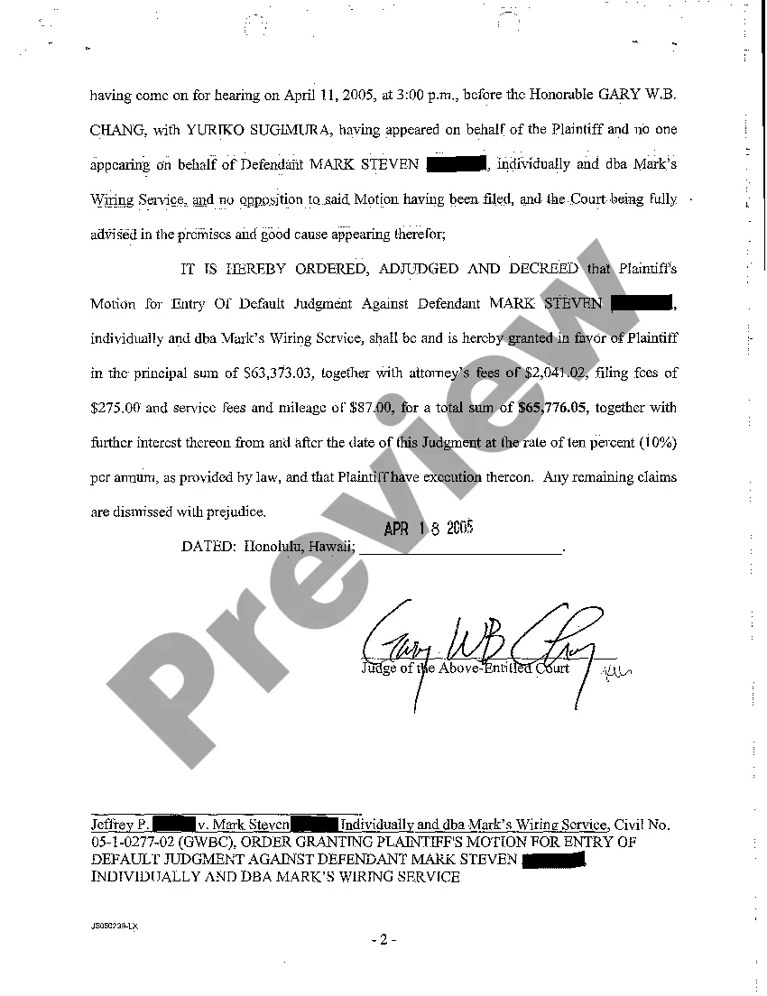Preview A09 Order Granting Plaintiff's Motion for Entry of Default Judgment Against Defendant