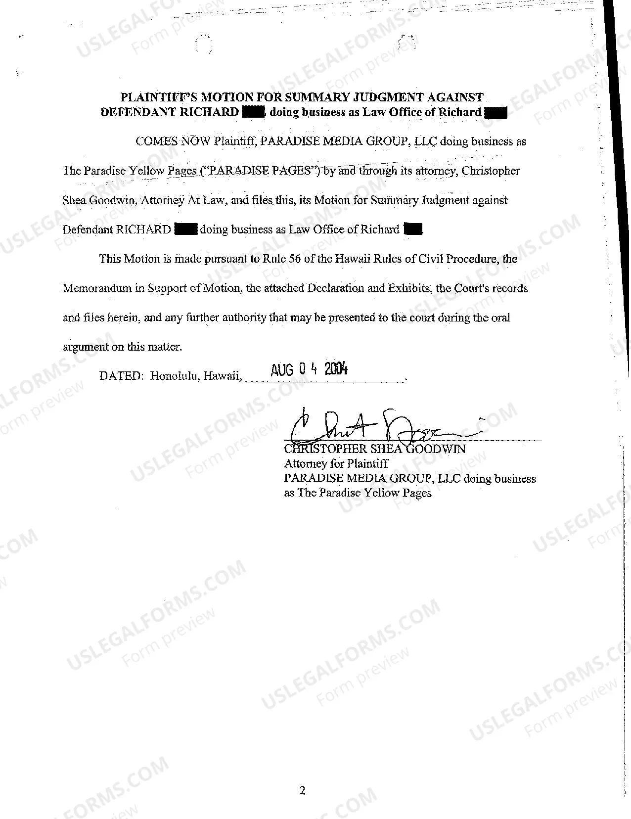 Preview A05 Plaintiff's Motion for Summary Judgment Against Defendant