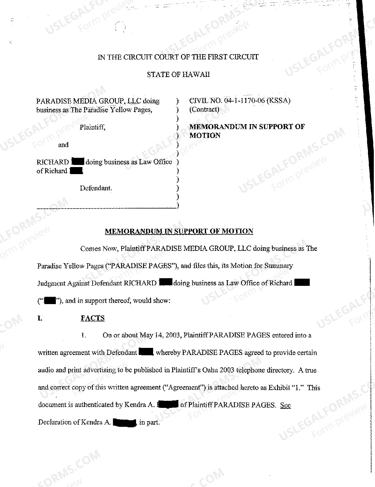 Preview A05 Plaintiff's Motion for Summary Judgment Against Defendant