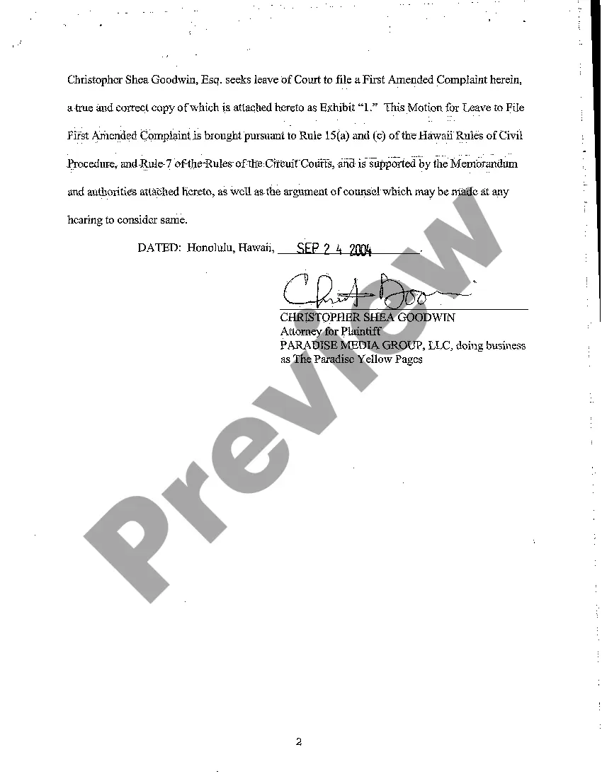 Get A08 Plaintiff's Motion for Leave to File First Amended Complaint Preview A08 Plaintiff's Motion for Leave to File First Amended Complaint