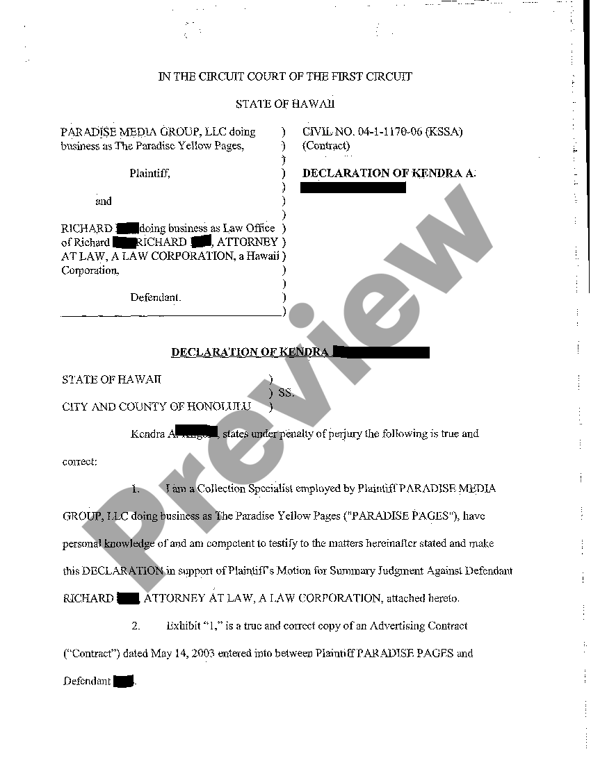 Hawaii Plaintiff's Motion for Summary Judgment Against Defendant US